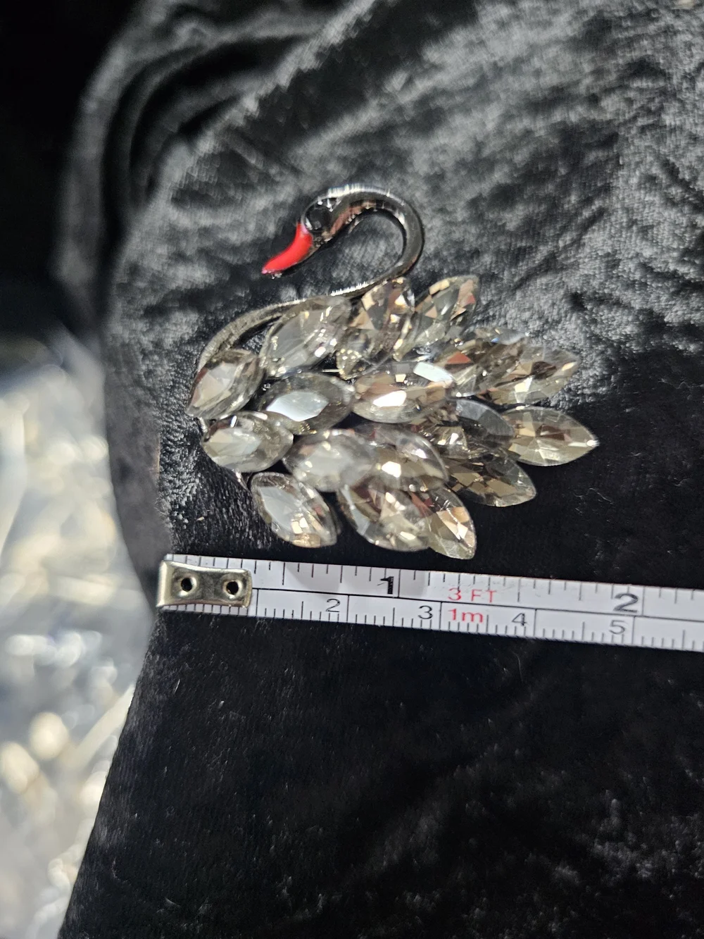 Crystal Swan Brooch Pin - Clear and Black Accent
